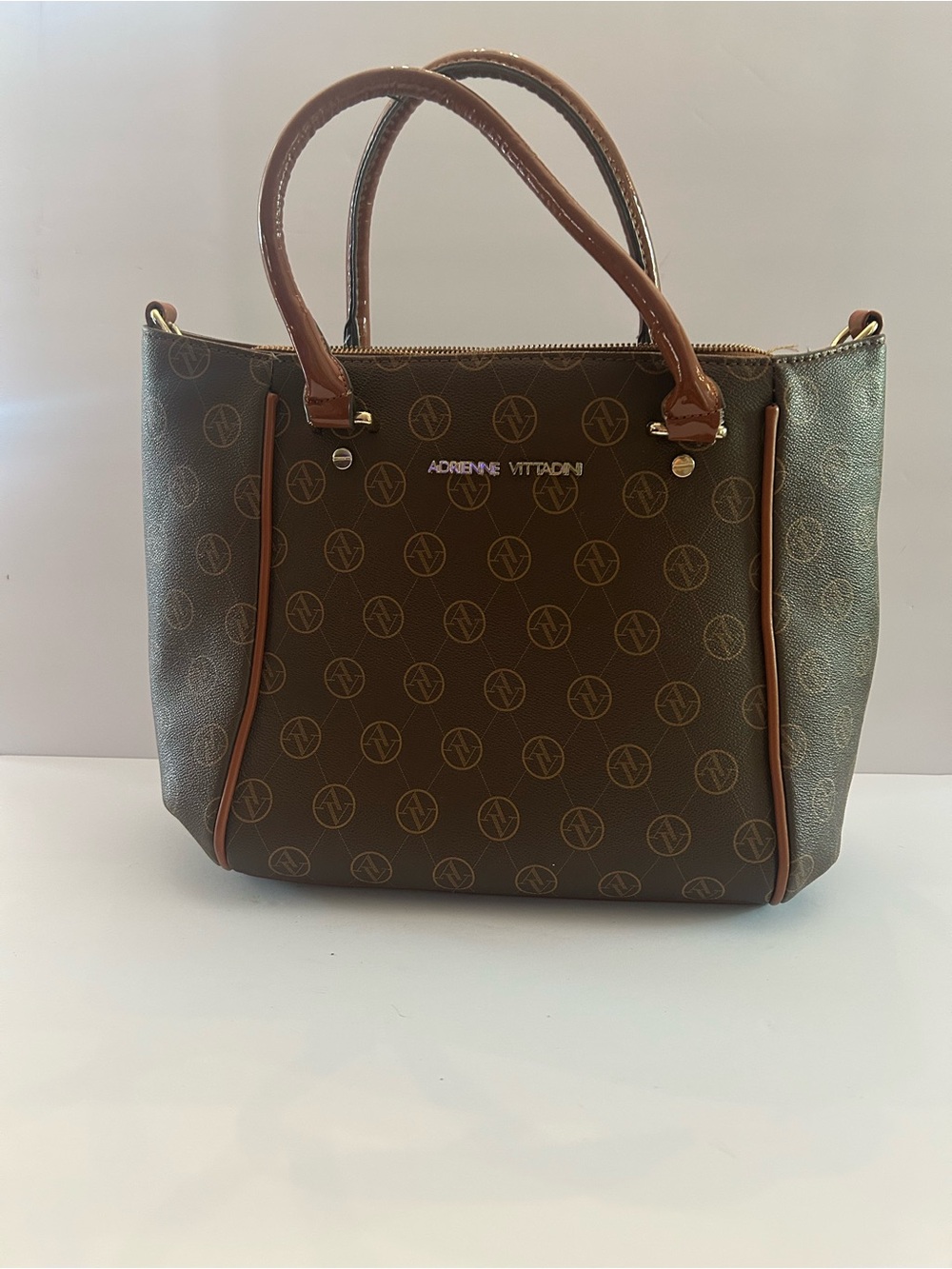 Adrienne Vittadini Brown Monogram Tote with Patent Trim